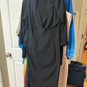 Shape FX Black Sheath Dress with 3/4 Sleeves and Plunge Neckline